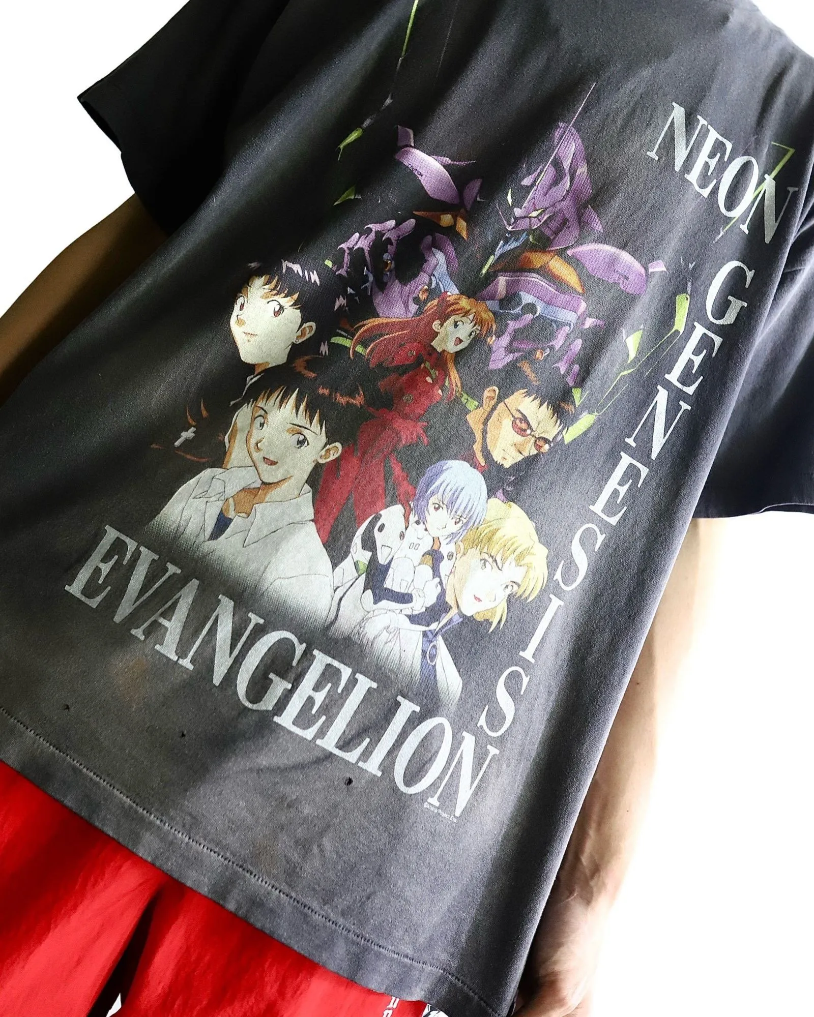 SAINT Mxxxxxx × EVANGELION NEON GNSIS TEE/BLK co-branded Neon Genesis Evangelion distressed short-sleeves, washed black S-XL, vintage NEW VINTAGE, top printing technology, garment dyeing, re-washed, distressed, correct co-branded main mark/washing mark